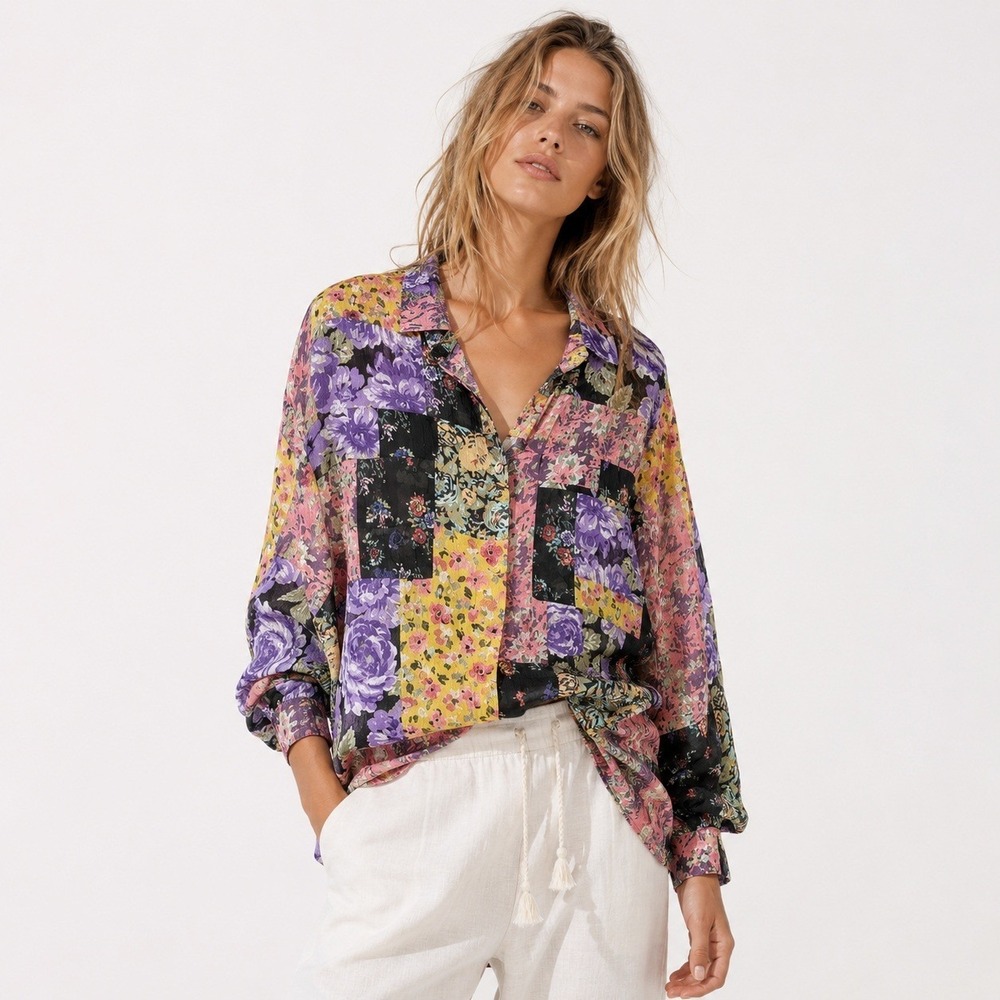 Zara Womens‎ Patchwork Floral Button Down Shirt Size S Multi Color Open Tie Back